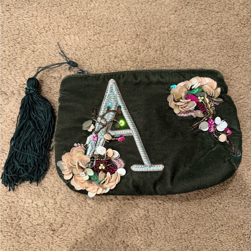 Anthropologie Olive Green Velvet Tassel Clutch with Embellished Initial A